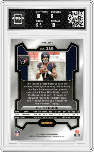 C.J. Stroud from the 2023 Panini Prizm set featuring a Red/White/Blue parallel graded by Arena Club and given an overall grade of 9.5.
