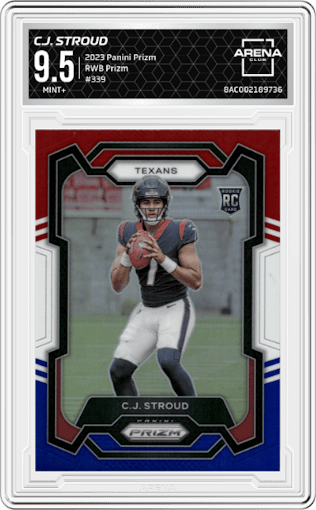 C.J. Stroud from the 2023 Panini Prizm set featuring a Red/White/Blue parallel graded by Arena Club and given an overall grade of 9.5.