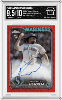 Prelander Berroa from the 2024 Topps Chrome set featuring a Red Wave Refractor parallel graded by Arena Club and given an overall grade of 9.5.
