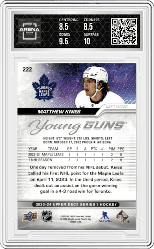Matthew Knies from the 2023-24 Upper Deck Series 1 set graded by Arena Club and given an overall grade of 9.