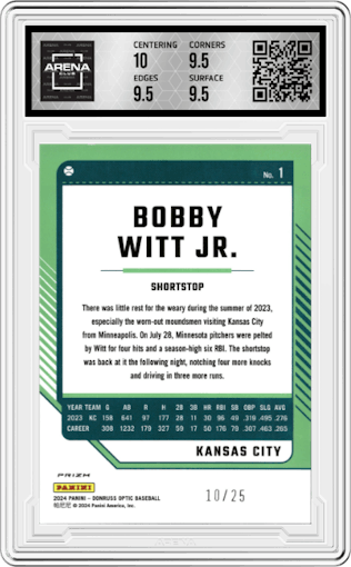 Bobby Witt Jr. from the 2024 Donruss Optic set featuring a Cracked Ice parallel graded by Arena Club and given an overall grade of 10.