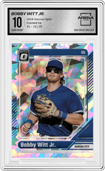 Bobby Witt Jr. from the 2024 Donruss Optic set featuring a Cracked Ice parallel graded by Arena Club and given an overall grade of 10.