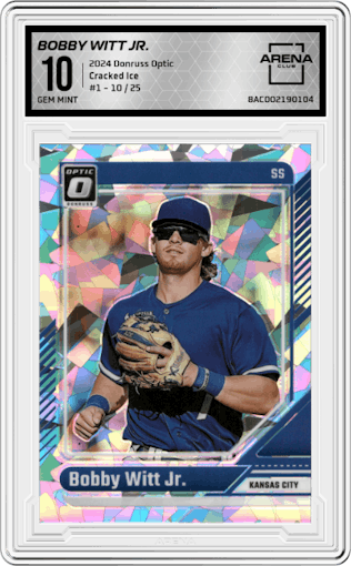Bobby Witt Jr. from the 2024 Donruss Optic set featuring a Cracked Ice parallel graded by Arena Club and given an overall grade of 10.