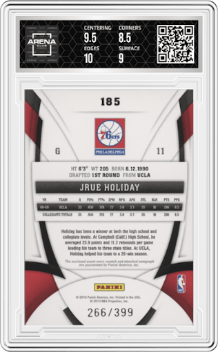 Jrue Holiday from the 2009-10 Panini Certified set graded by Arena Club and given an overall grade of 9.