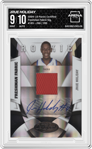 Jrue Holiday from the 2009-10 Panini Certified set graded by Arena Club and given an overall grade of 9.