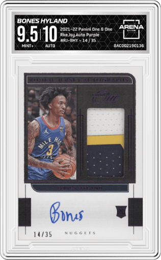 Bones Hyland  from the 2021-22 Panini One and One set featuring a Purple parallel graded by Arena Club and given an overall grade of 9.5.
