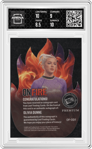Olivia Dunne from the 2024 Press Pass Premium Whatnot Exclusive set featuring a Prismatic Blue parallel graded by Arena Club and given an overall grade of 9.