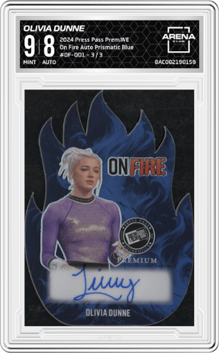 Olivia Dunne from the 2024 Press Pass Premium Whatnot Exclusive set featuring a Prismatic Blue parallel graded by Arena Club and given an overall grade of 9.
