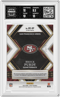 Brock Purdy from the 2022 Panini Select set featuring a White Prizm parallel graded by Arena Club and given an overall grade of 9.