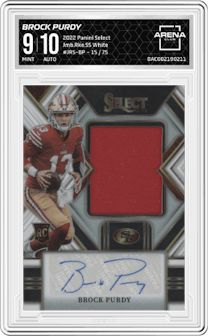 Brock Purdy from the 2022 Panini Select set featuring a White Prizm parallel graded by Arena Club and given an overall grade of 9.