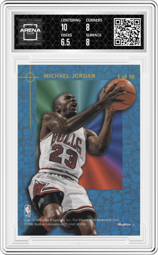 Michael Jordan from the 1995-96 NBA Hoops set graded by Arena Club and given an overall grade of 7.