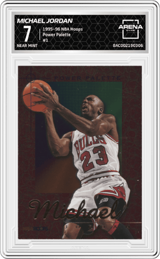 Michael Jordan from the 1995-96 NBA Hoops set graded by Arena Club and given an overall grade of 7.