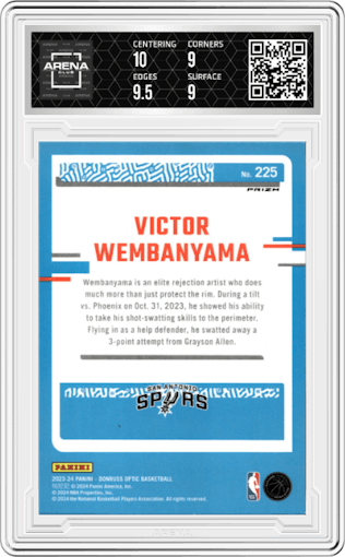 Victor Wembanyama from the 2023-24 Donruss Optic set featuring a Hyper Green parallel graded by Arena Club and given an overall grade of 9.5.