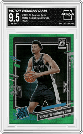 Victor Wembanyama from the 2023-24 Donruss Optic set featuring a Hyper Green parallel graded by Arena Club and given an overall grade of 9.5.