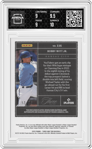 Bobby Witt Jr. from the 2022 Panini Three & Two set graded by Arena Club and given an overall grade of 9.5.