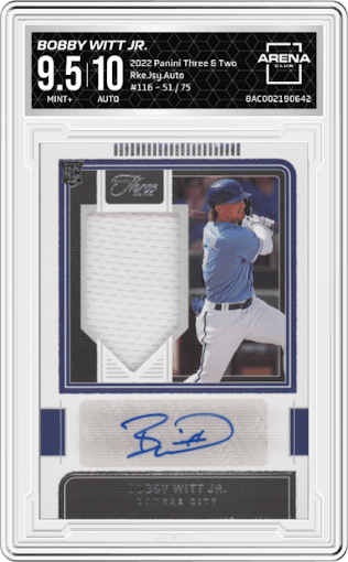 Bobby Witt Jr. from the 2022 Panini Three & Two set graded by Arena Club and given an overall grade of 9.5.