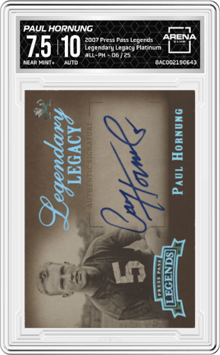 Paul Hornung from the 2007 Press Pass Legends set featuring a Platinum parallel graded by Arena Club and given an overall grade of 7.5.