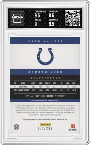 Andrew Luck from the 2012 Panini Prestige set graded by Arena Club and given an overall grade of 9.
