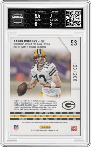 Aaron Rodgers from the 2011 Panini Rookies & Stars Longevity set featuring a Ruby parallel graded by Arena Club and given an overall grade of 9.