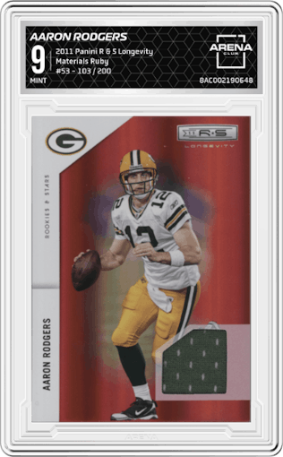Aaron Rodgers from the 2011 Panini Rookies & Stars Longevity set featuring a Ruby parallel graded by Arena Club and given an overall grade of 9.