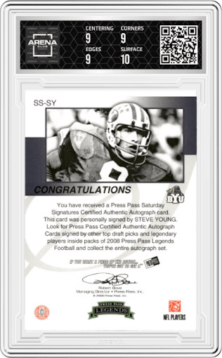 Steve Young from the 2008 Press Pass Legends set graded by Arena Club and given an overall grade of 9.