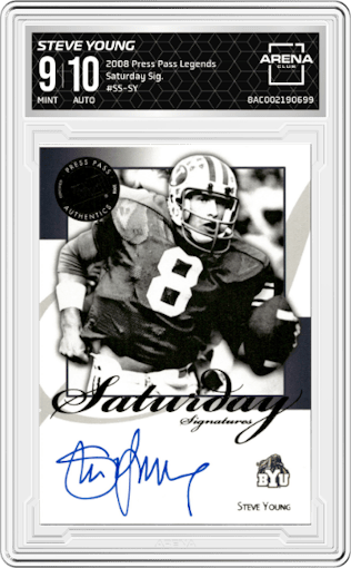 Steve Young from the 2008 Press Pass Legends set graded by Arena Club and given an overall grade of 9.