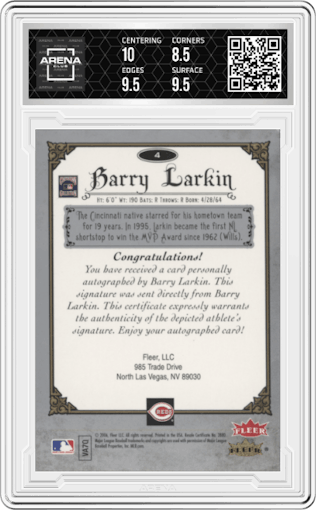 Barry Larkin from the 2006 Fleer Greats of the Game set graded by Arena Club and given an overall grade of 9.