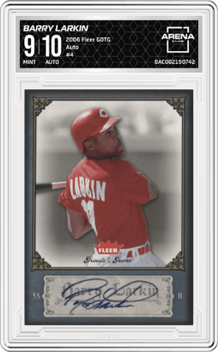 Barry Larkin from the 2006 Fleer Greats of the Game set graded by Arena Club and given an overall grade of 9.