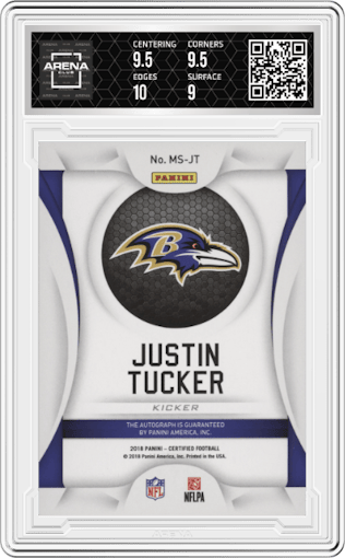 Justin Tucker from the 2018 Panini Certified set featuring a Gold parallel graded by Arena Club and given an overall grade of 9.5.