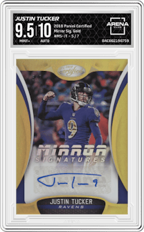 Justin Tucker from the 2018 Panini Certified set featuring a Gold parallel graded by Arena Club and given an overall grade of 9.5.