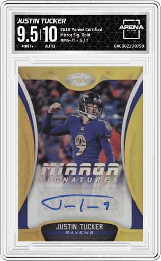 Justin Tucker from the 2018 Panini Certified set featuring a Gold parallel graded by Arena Club and given an overall grade of 9.5.