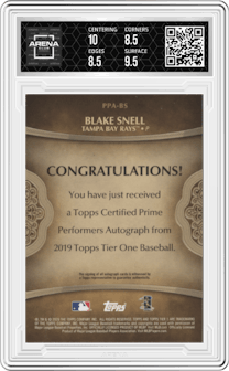 Blake Snell from the 2019 Topps Tier One set featuring a Bronze Ink parallel graded by Arena Club and given an overall grade of 9.