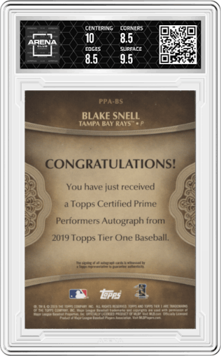 Blake Snell from the 2019 Topps Tier One set featuring a Bronze Ink parallel graded by Arena Club and given an overall grade of 9.