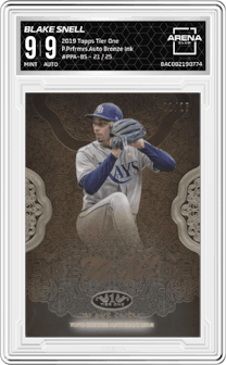 Blake Snell from the 2019 Topps Tier One set featuring a Bronze Ink parallel graded by Arena Club and given an overall grade of 9.