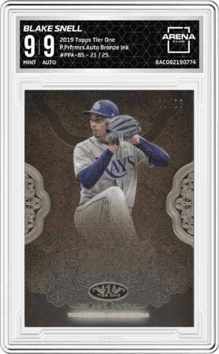Blake Snell from the 2019 Topps Tier One set featuring a Bronze Ink parallel graded by Arena Club and given an overall grade of 9.