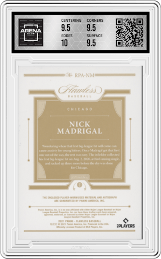 Nick Madrigal from the 2021 Panini Flawless set featuring a Sapphire parallel graded by Arena Club and given an overall grade of 10.