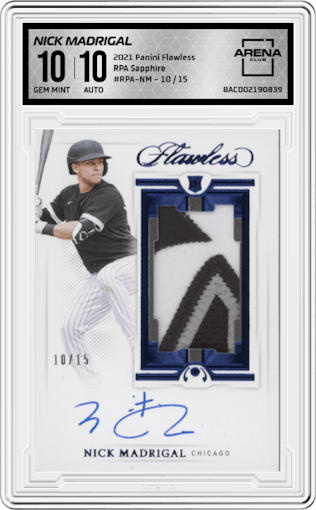 Nick Madrigal from the 2021 Panini Flawless set featuring a Sapphire parallel graded by Arena Club and given an overall grade of 10.