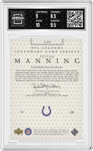 Peyton Manning from the 2000 Upper Deck Legends set graded by Arena Club and given an overall grade of 9.