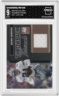 Darrelle Revis / Deion Sanders from the 2010 Donruss Elite set graded by Arena Club and given an overall grade of 9.