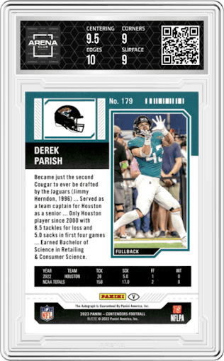 Derek Parish from the 2023 Panini Contenders set featuring a Cracked Ice Ticket parallel graded by Arena Club and given an overall grade of 9.5.