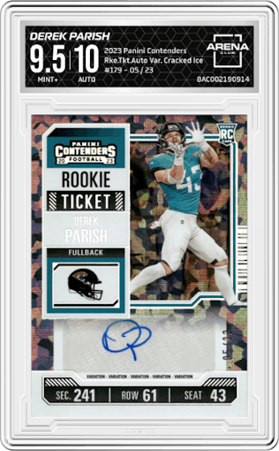 Derek Parish from the 2023 Panini Contenders set featuring a Cracked Ice Ticket parallel graded by Arena Club and given an overall grade of 9.5.