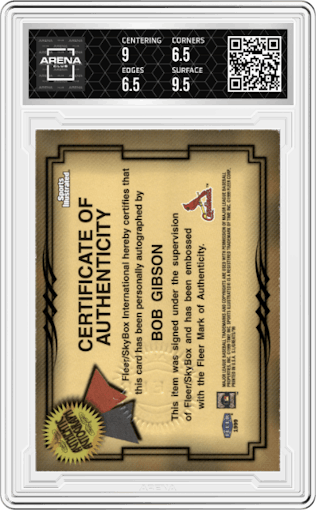 Bob Gibson from the 1999 Sports Illustrated Greats of the Game set graded by Arena Club and given an overall grade of 7.