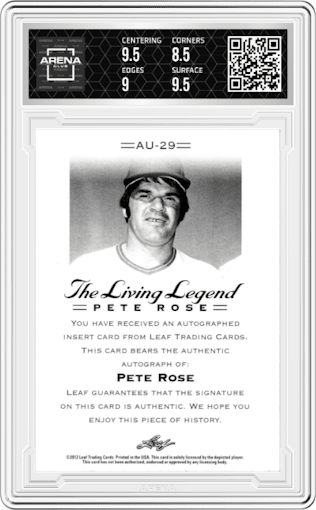 Pete Rose from the 2012 Leaf Pete Rose The Living Legend set graded by Arena Club and given an overall grade of 9.