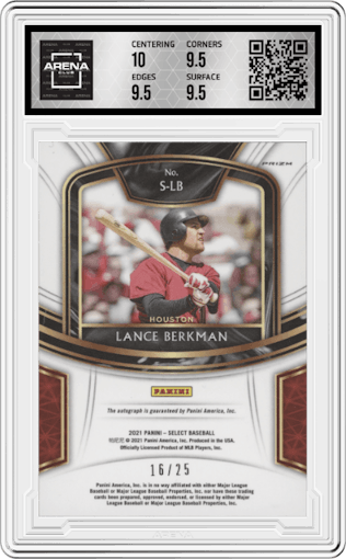 Lance Berkman from the 2021 Panini Select set featuring a Holo parallel graded by Arena Club and given an overall grade of 10.