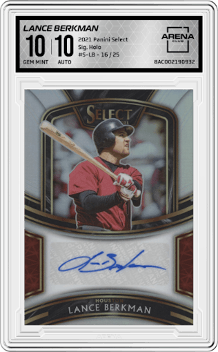 Lance Berkman from the 2021 Panini Select set featuring a Holo parallel graded by Arena Club and given an overall grade of 10.