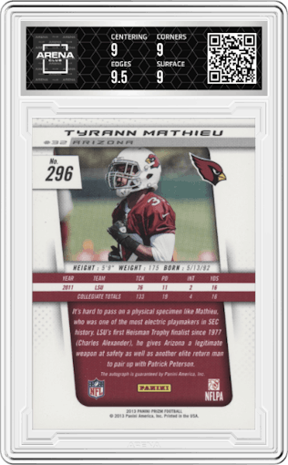Tyrann Mathieu from the 2013 Panini Prizm set graded by Arena Club and given an overall grade of 9.