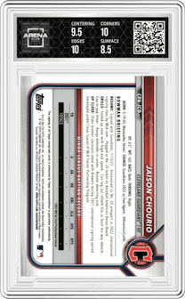 Jaison Chourio from the 2022 Bowman Chrome set graded by Arena Club and given an overall grade of 9.