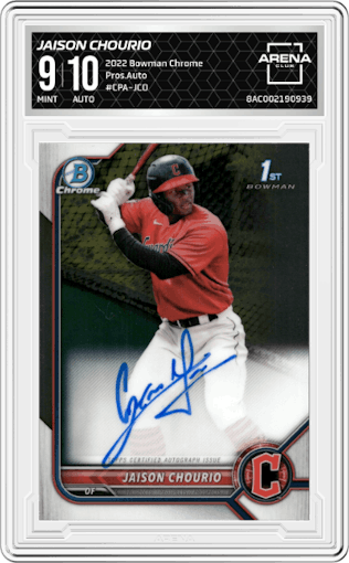 Jaison Chourio from the 2022 Bowman Chrome set graded by Arena Club and given an overall grade of 9.