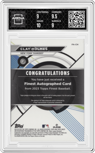 Clay Holmes from the 2023 Topps Finest set graded by Arena Club and given an overall grade of 9.5.