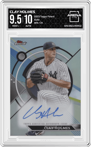 Clay Holmes from the 2023 Topps Finest set graded by Arena Club and given an overall grade of 9.5.